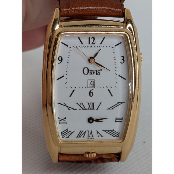 Orvis Dual Time Watch 28mm Gold Tone Date Quick Set Leather with Fresh Battery - Picture 6 of 9